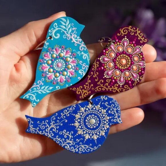 Bird Shaped Mandala Ornament Dot Art: Hand-Painted Acrylic Blue Ornament - Picture 3 of 3